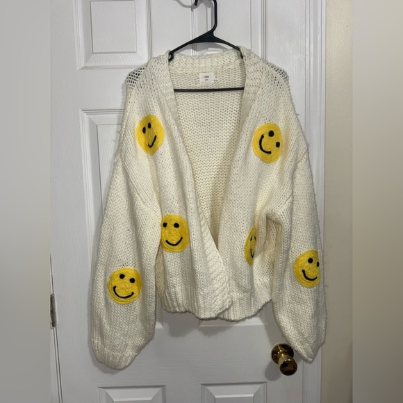 Cozy White Sweater with Yellow Smiley Faces by Luna Ivy - Picture 2 of 6